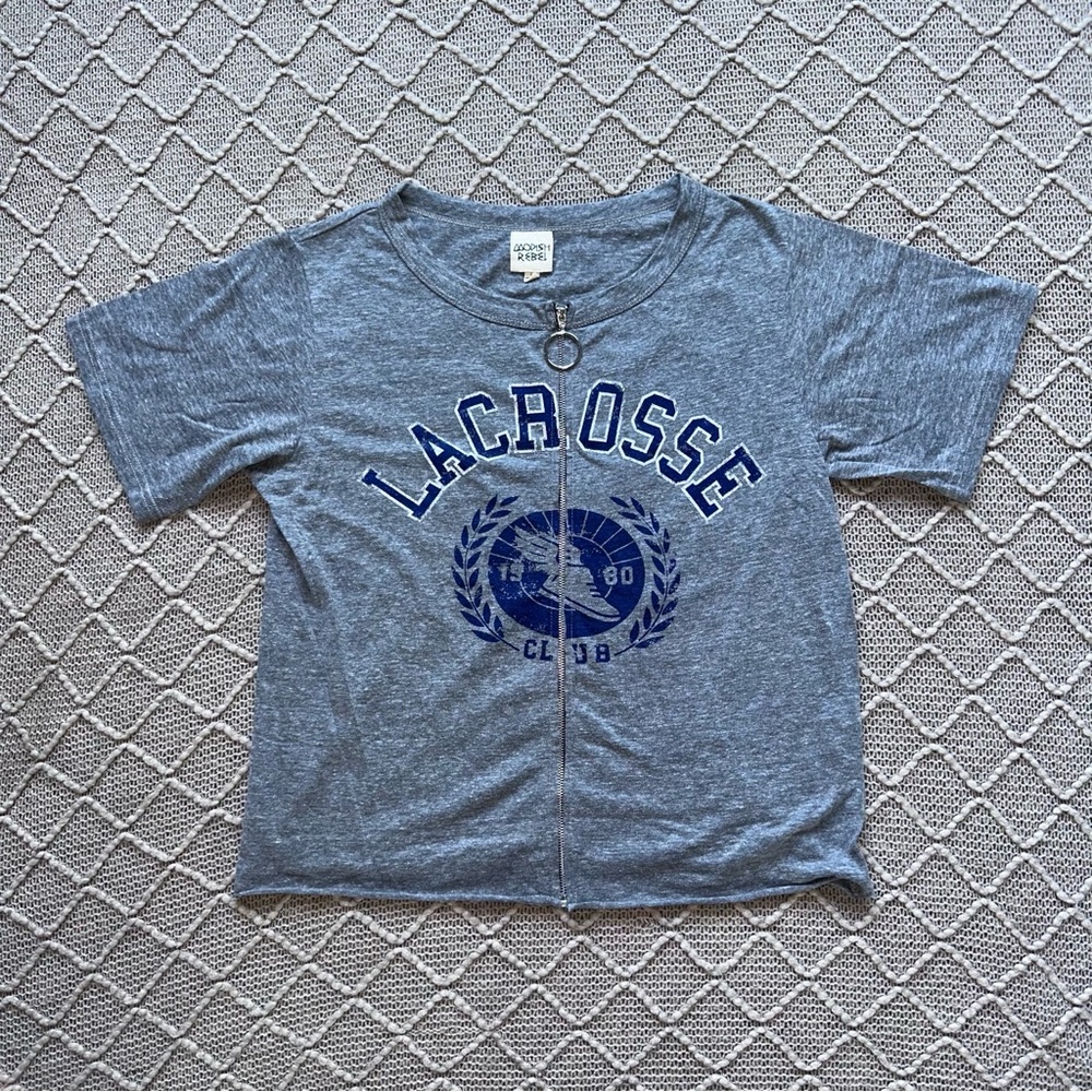 Gray Crew Neck Short Sleeve Graphic Tee with Zipper Athletic T-Shirt Large L